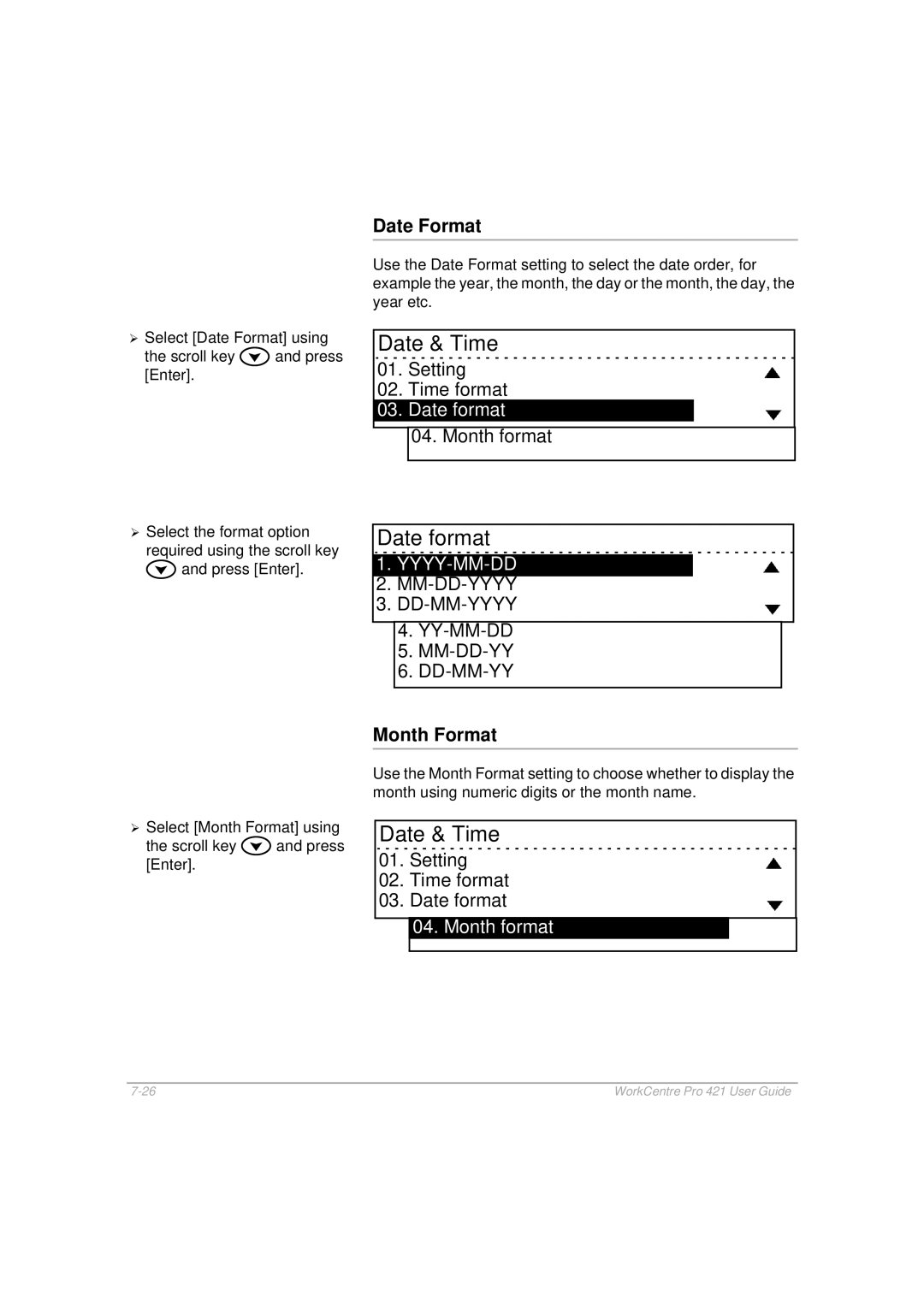 Xerox 421 manual Date format, Date Format, Month Format, Month format 