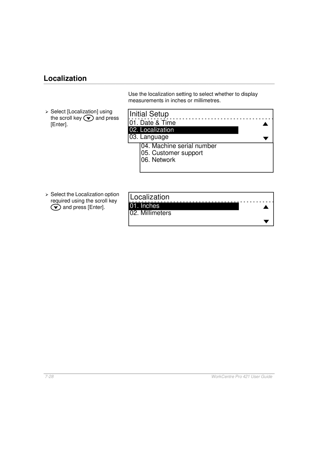 Xerox 421 manual Localization, Inches 