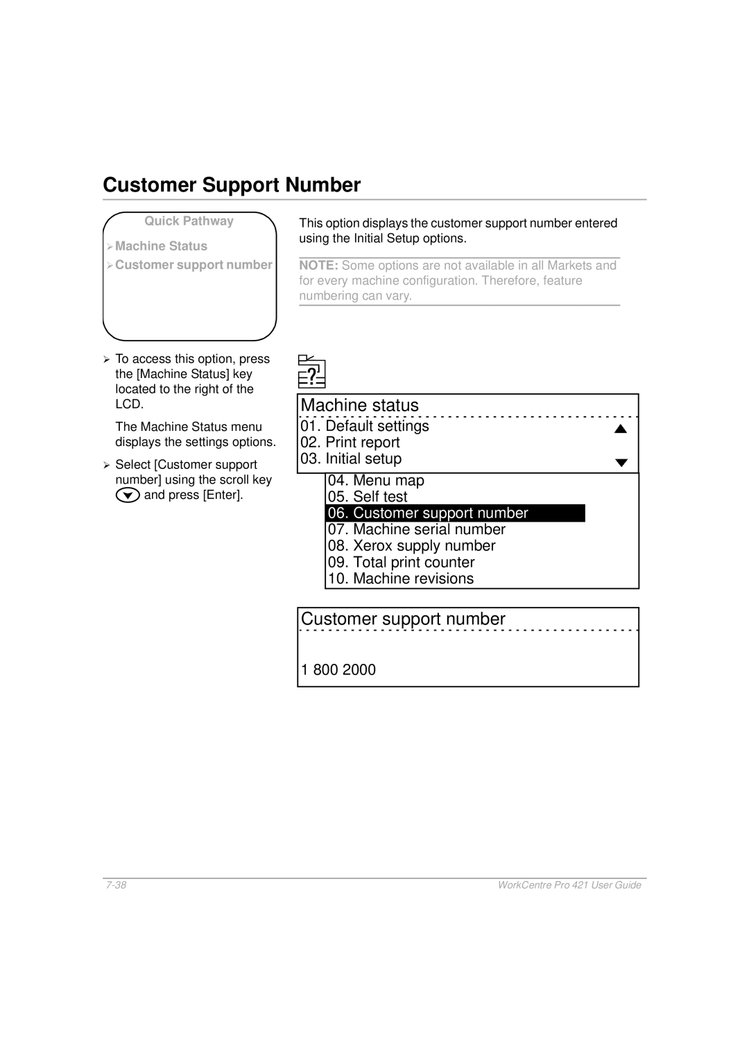 Xerox 421 manual Customer Support Number, 800 