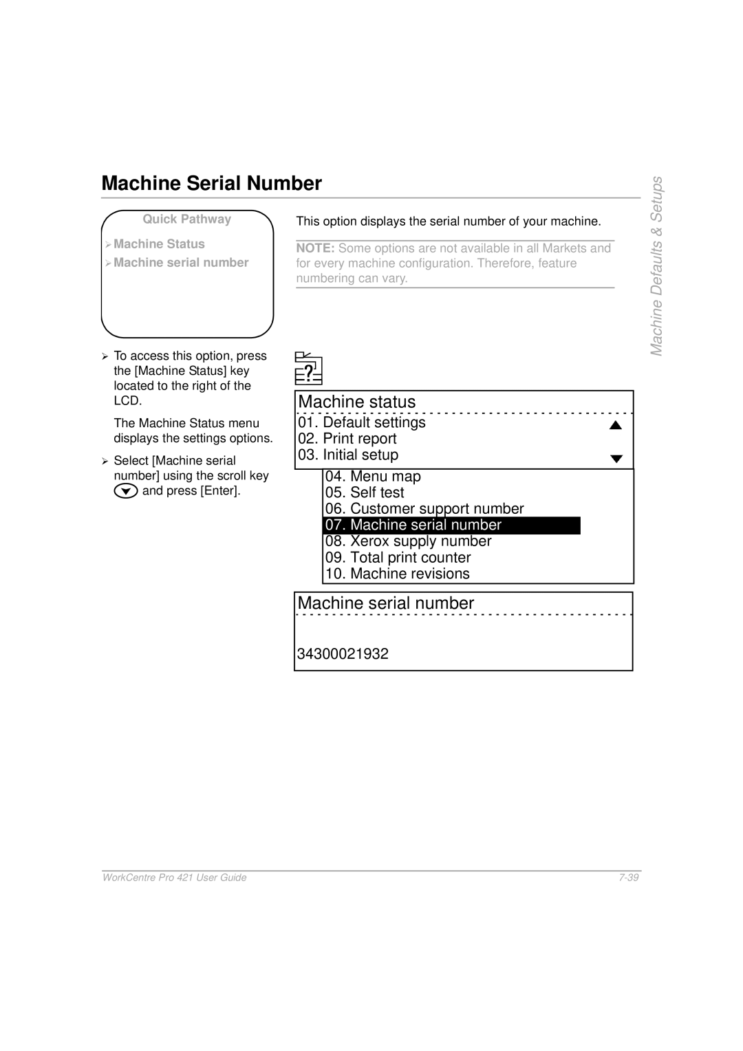 Xerox 421 manual Machine Serial Number, Xerox supply number Total print counter Machine revisions, 34300021932 