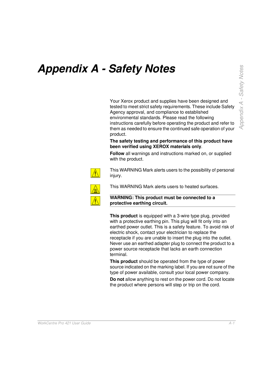 Xerox 421 manual Appendix a Safety Notes 