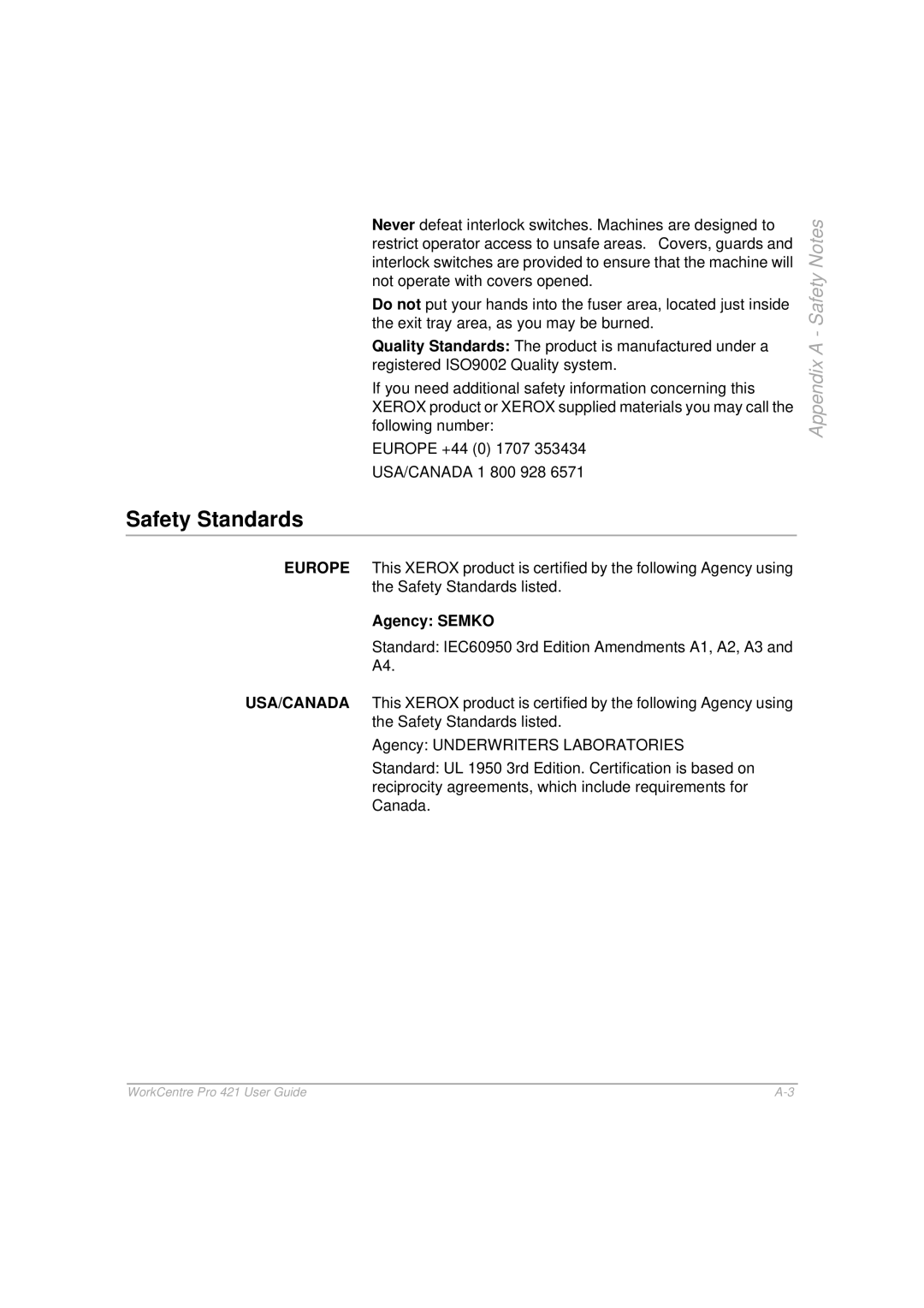 Xerox 421 manual Safety Standards, Agency Semko 