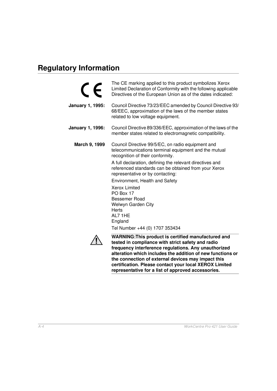 Xerox 421 manual Regulatory Information, AL7 1HE 