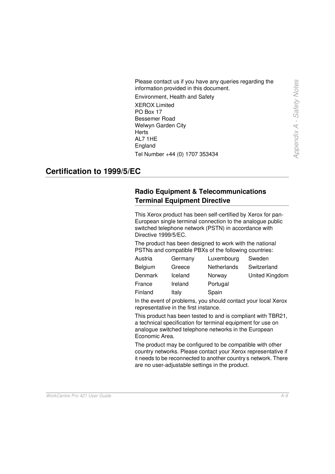 Xerox 421 manual Certification to 1999/5/EC 