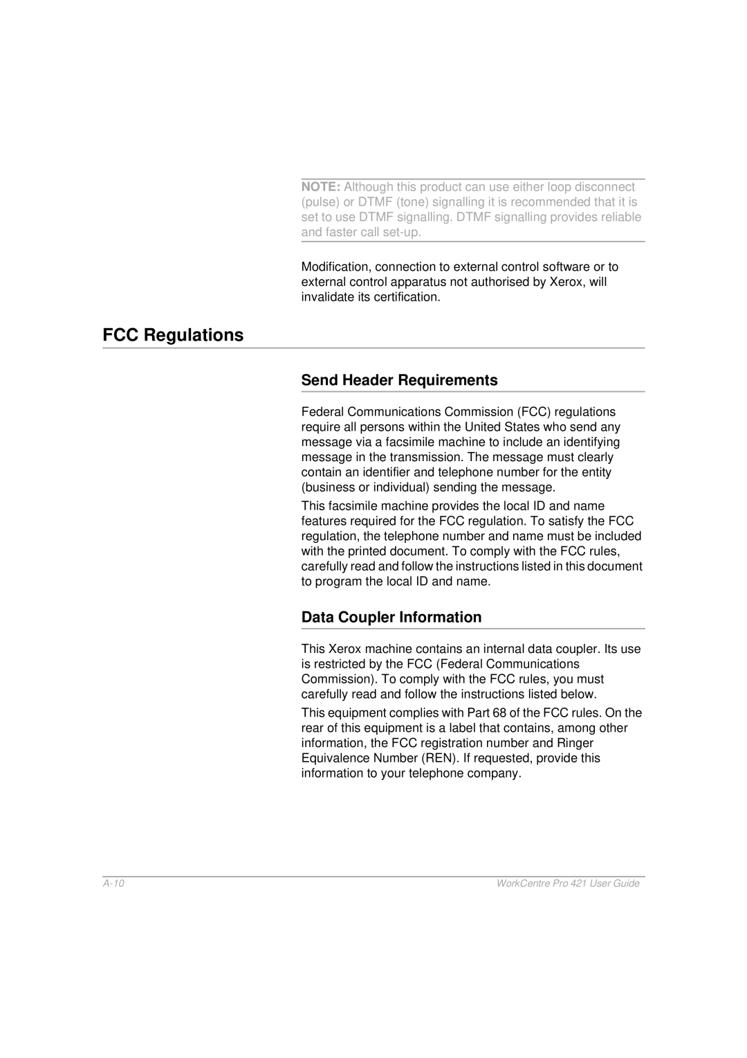 Xerox 421 manual FCC Regulations, Send Header Requirements, Data Coupler Information 