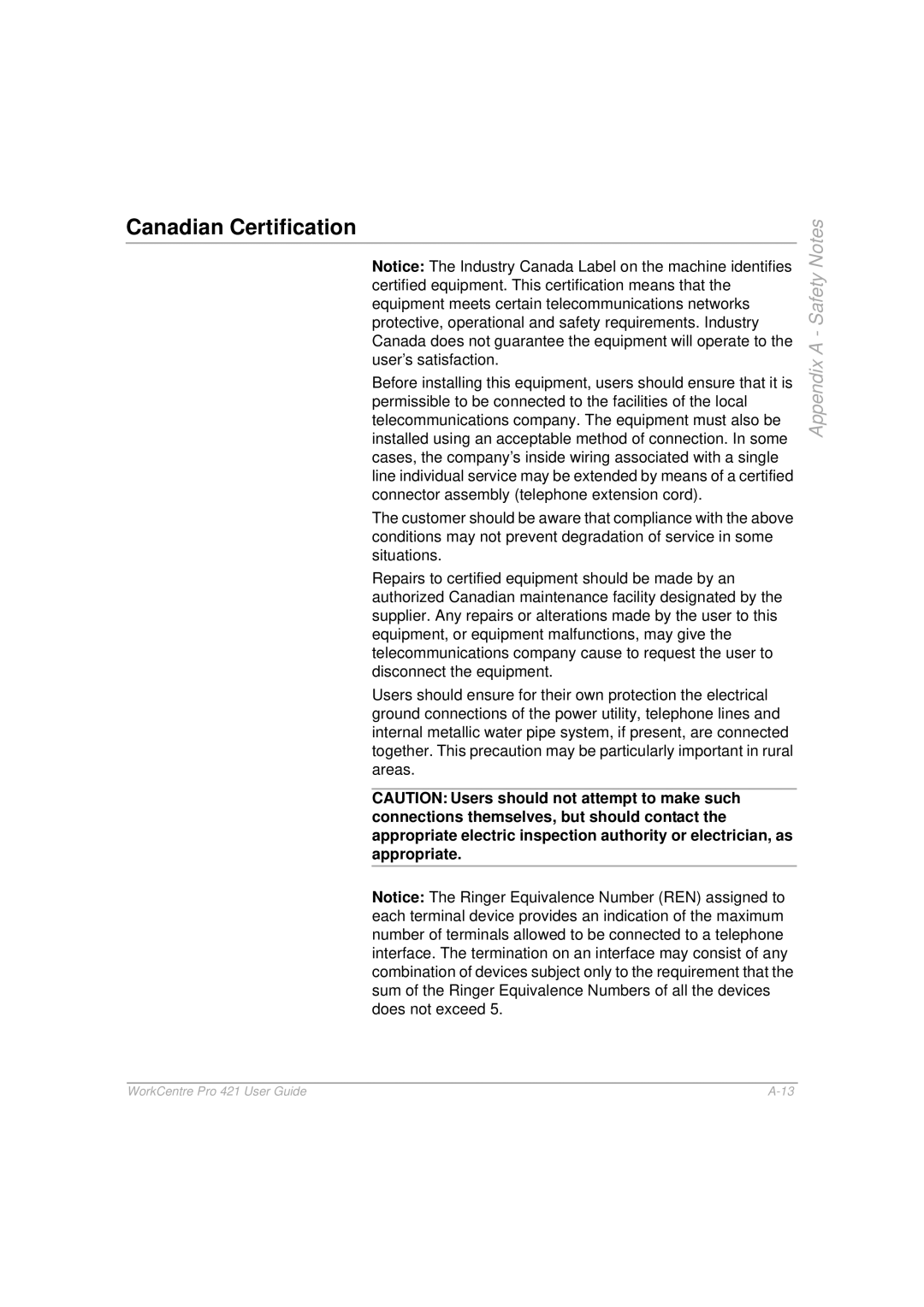 Xerox 421 manual Canadian Certification 