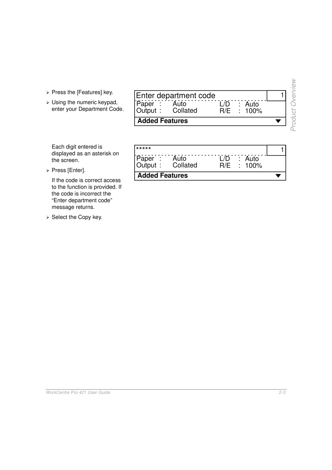 Xerox 421 manual Enter department code, Paper Auto, Output Collated 100% 