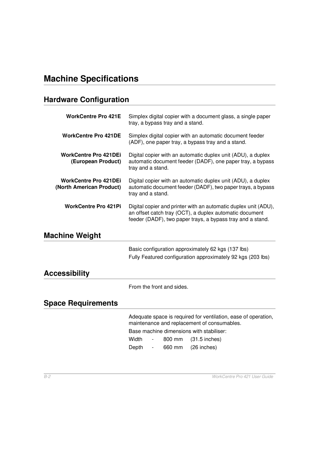 Xerox 421 manual Machine Specifications, Hardware Configuration, Machine Weight, Accessibility, Space Requirements 