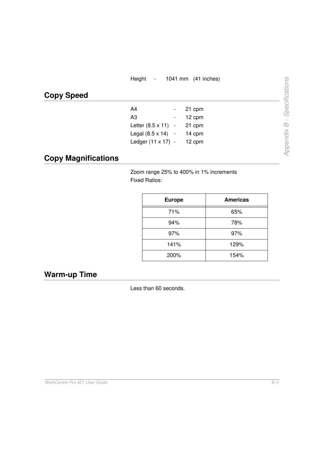 Xerox 421 manual Copy Speed, Copy Magnifications, Warm-up Time, Europe Americas 