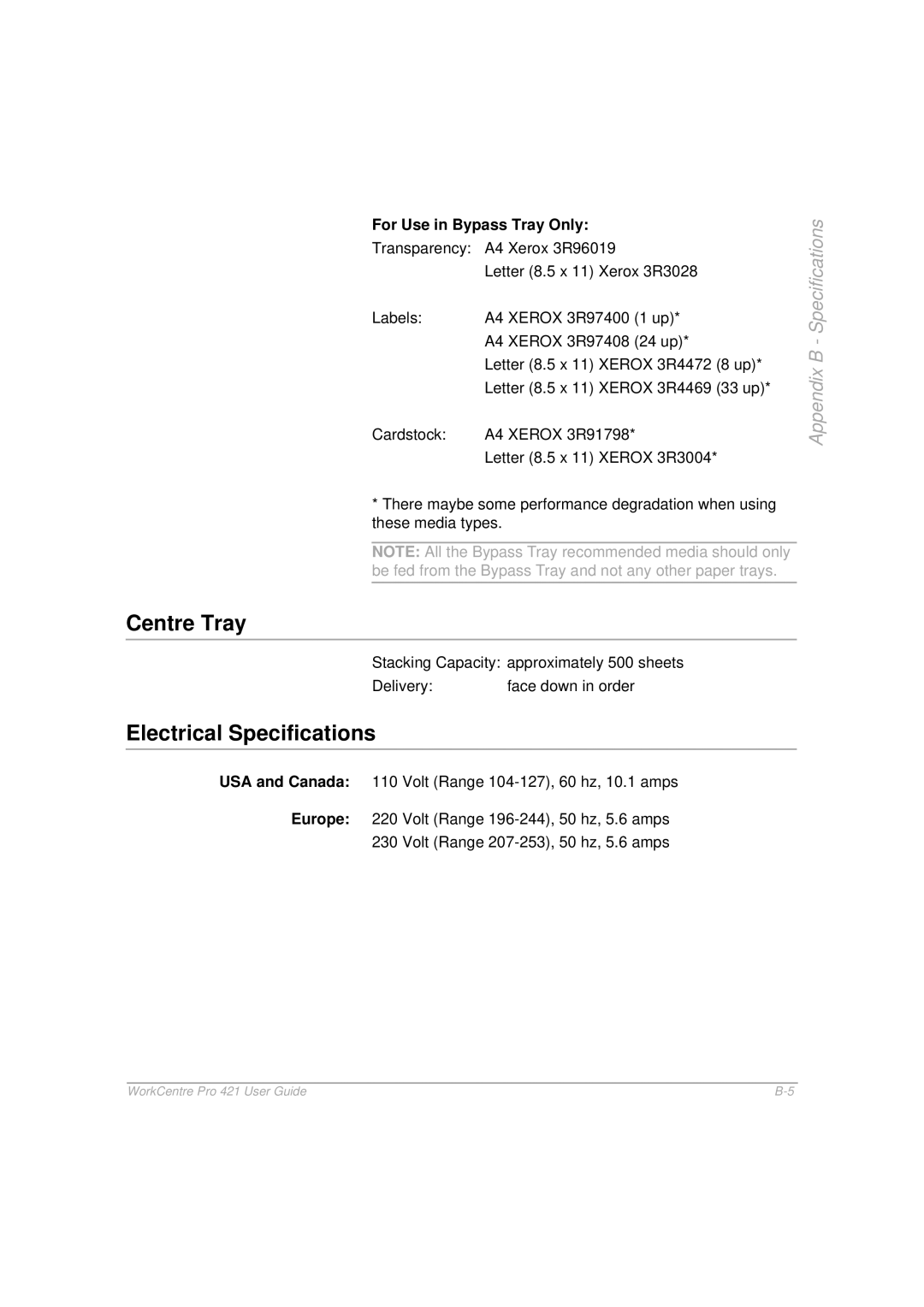 Xerox 421 manual Centre Tray, Electrical Specifications, For Use in Bypass Tray Only 