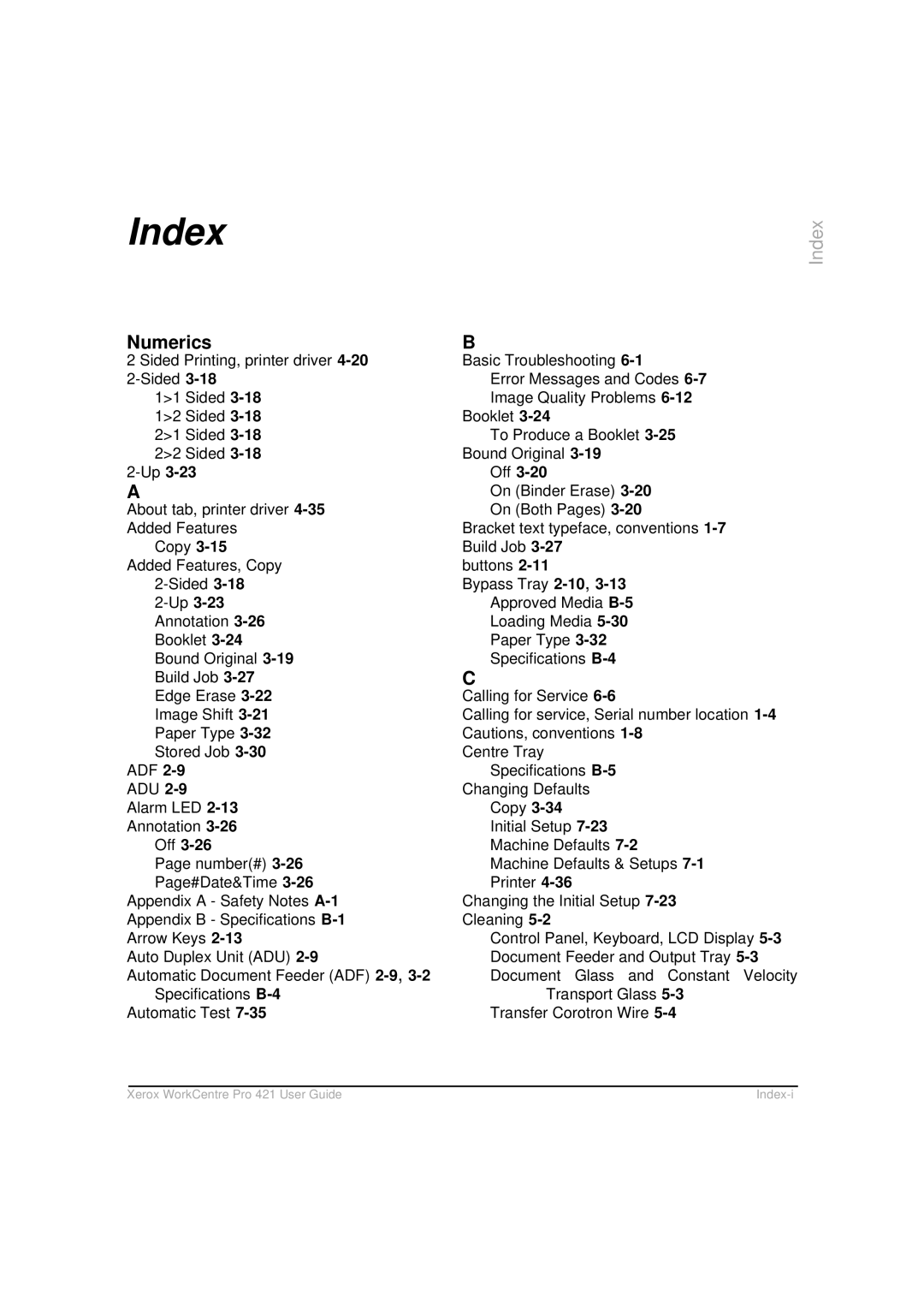 Xerox 421 manual Index, Numerics 