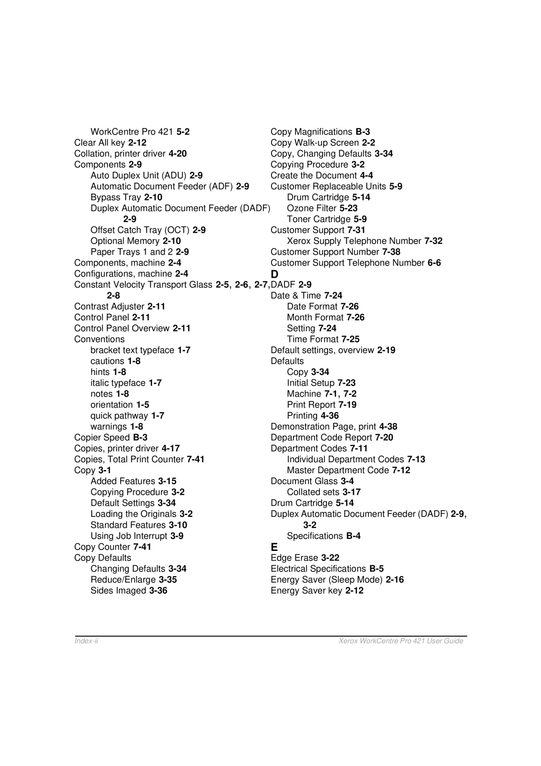 Xerox 421 manual Index-ii 