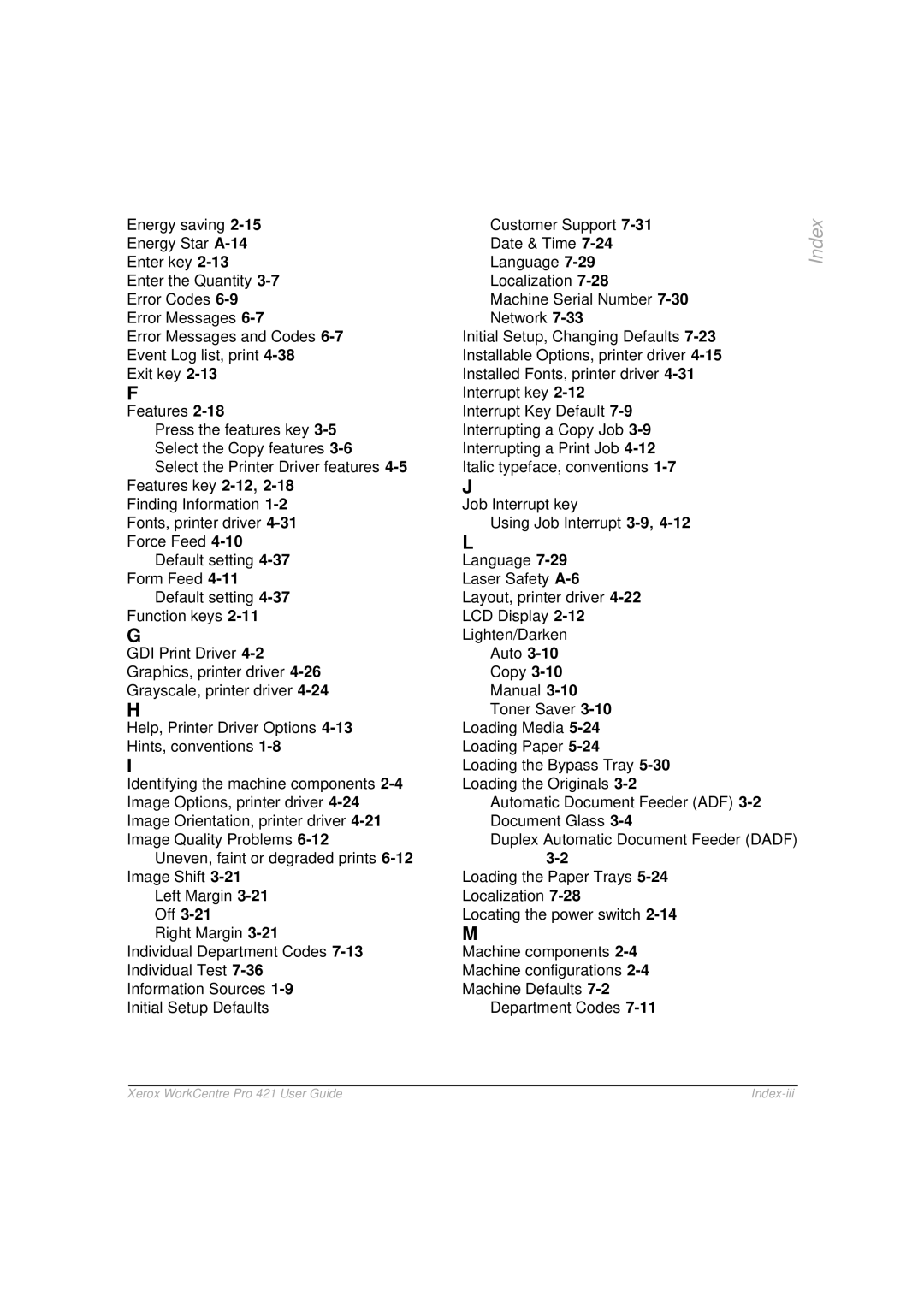 Xerox 421 manual Index-iii 