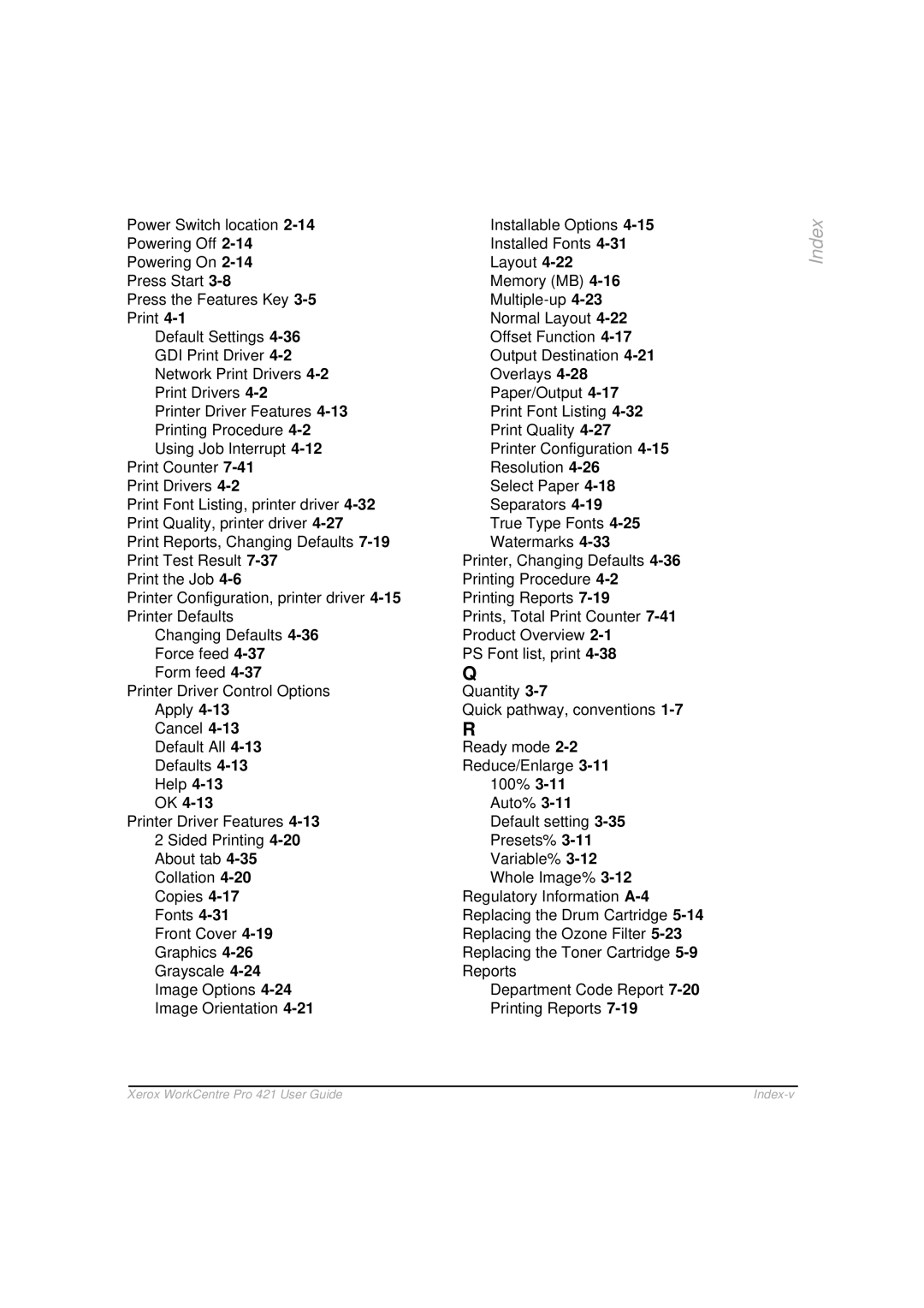 Xerox 421 manual Index-v 