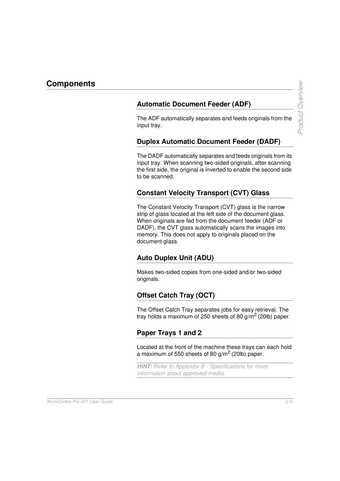 Xerox 421 manual Components 