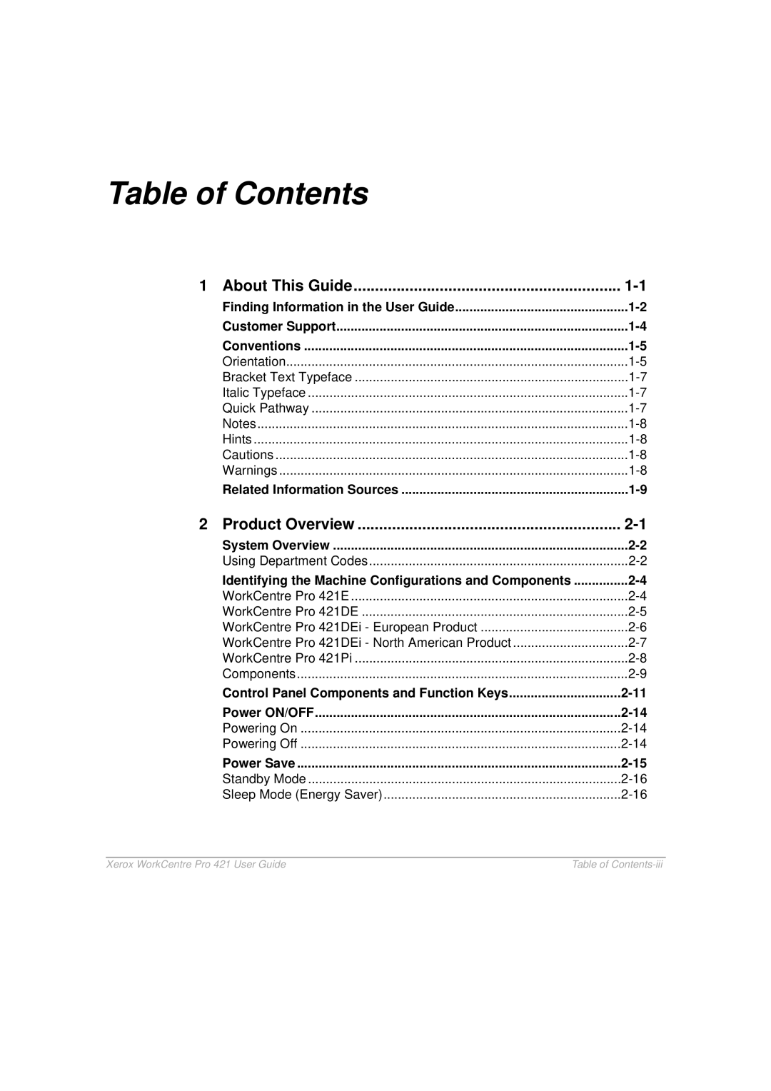 Xerox 421 manual Table of Contents 