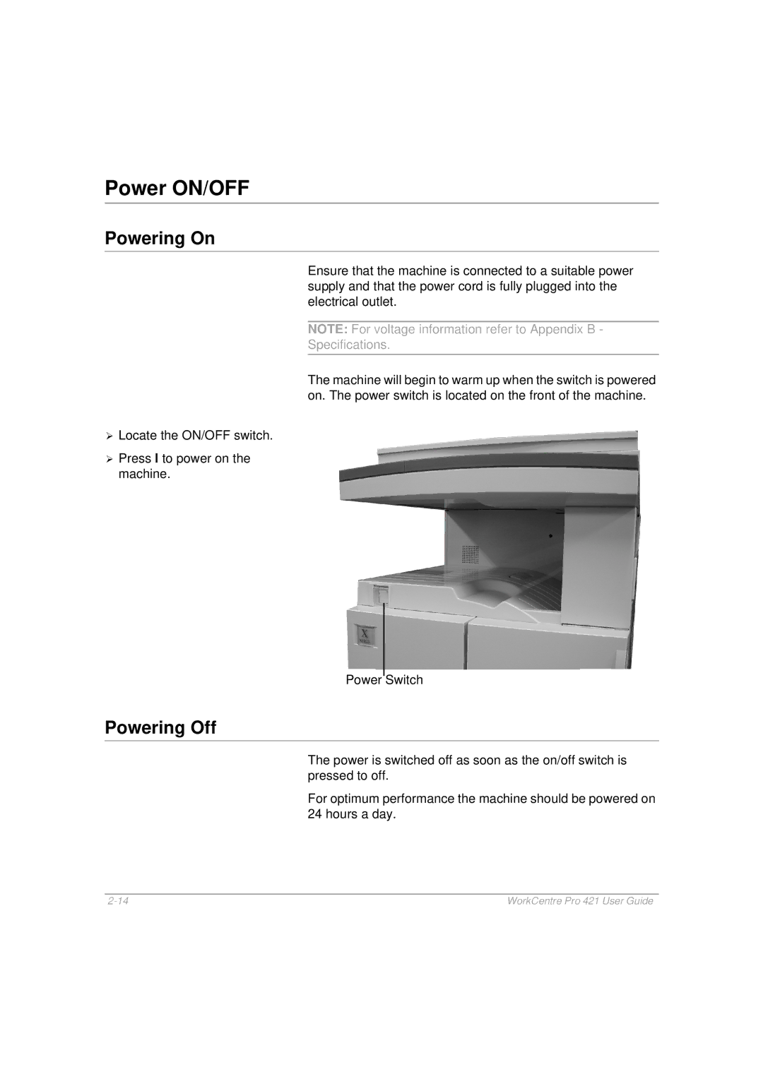 Xerox 421 manual Power ON/OFF, Powering On, Powering Off 