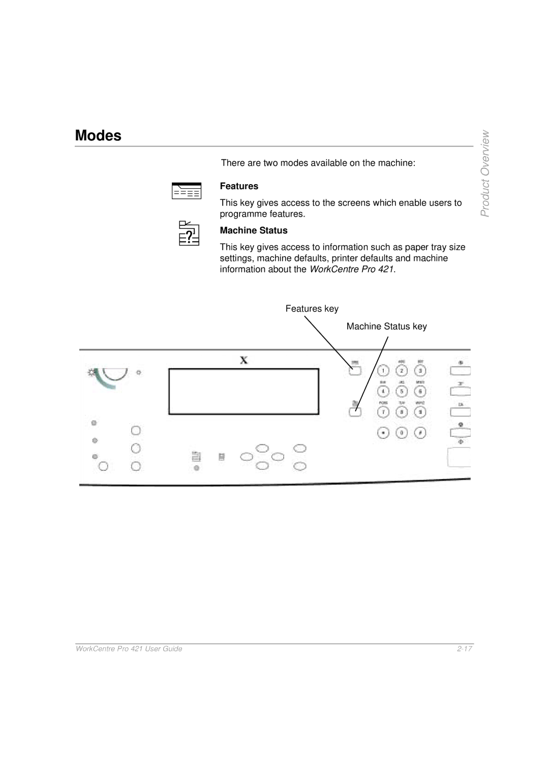 Xerox 421 manual Modes, Features, Machine Status 