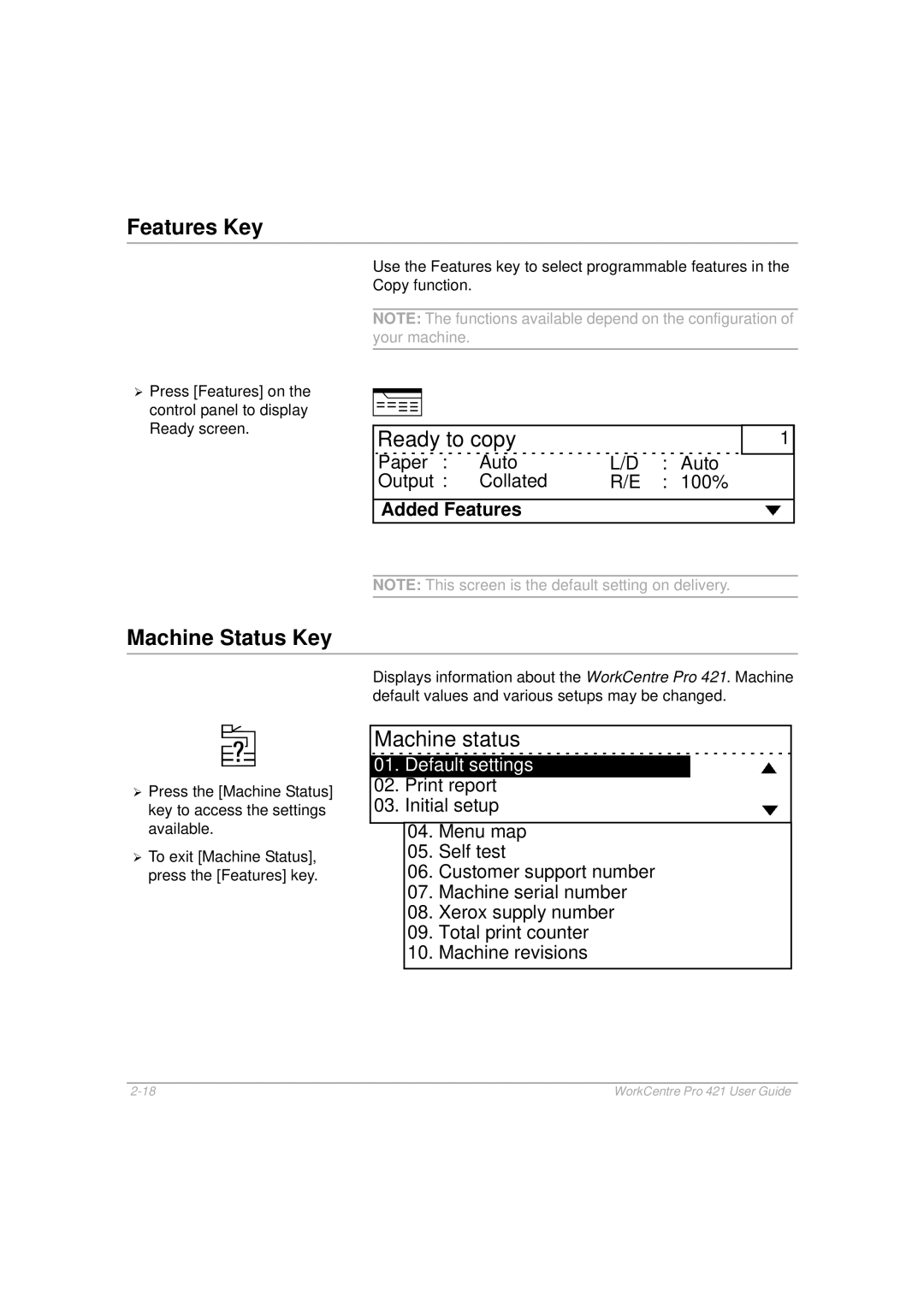 Xerox 421 manual Features Key, Machine Status Key, Machine status, Default settings 