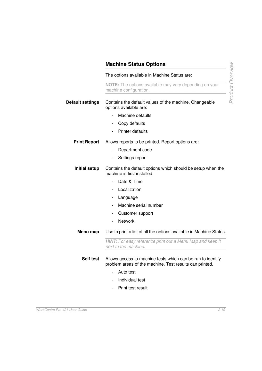 Xerox 421 manual Machine Status Options 