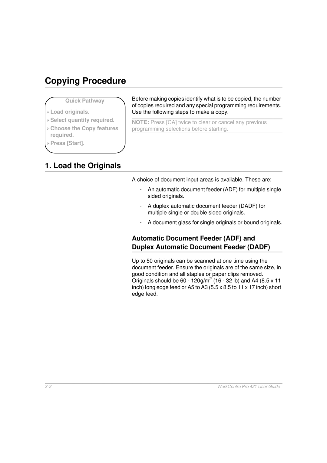 Xerox 421 manual Copying Procedure, Load the Originals 