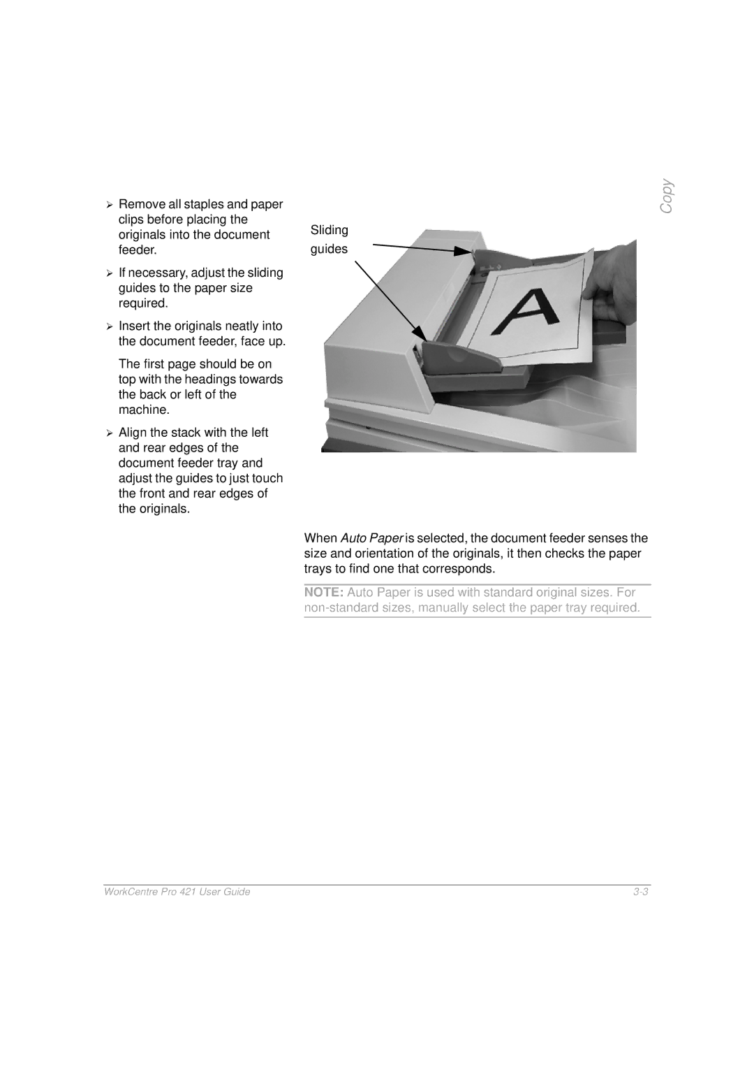 Xerox 421 manual If necessary, adjust the sliding guides to the paper size 