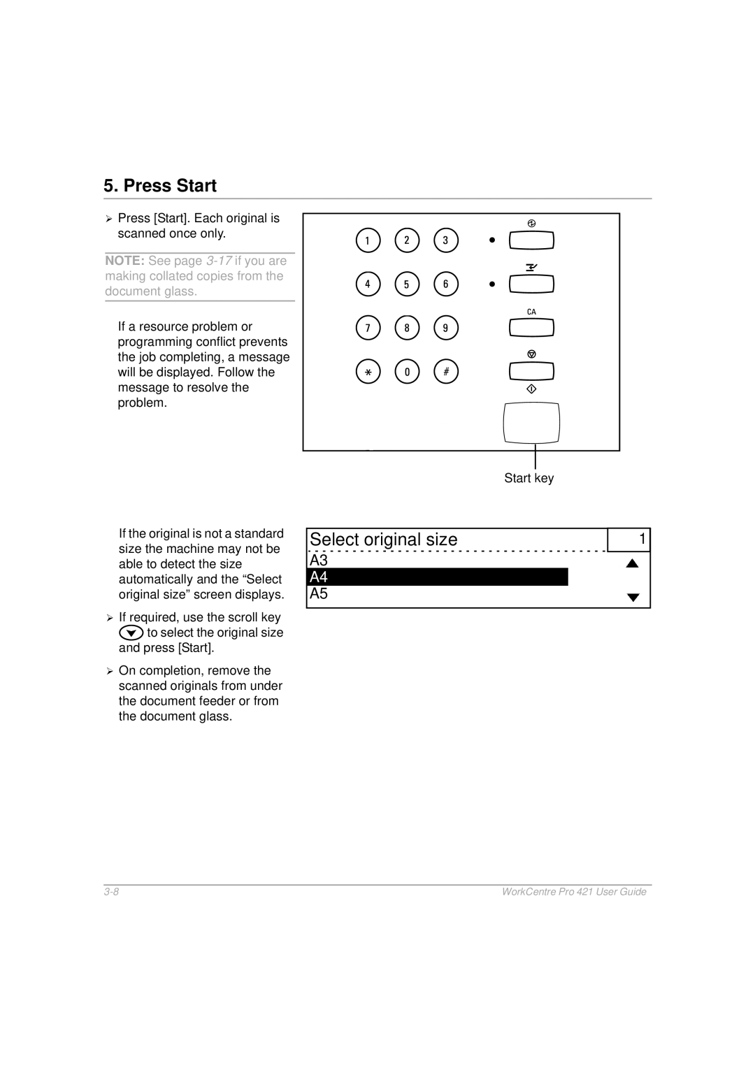 Xerox 421 manual Press Start, Select original size 