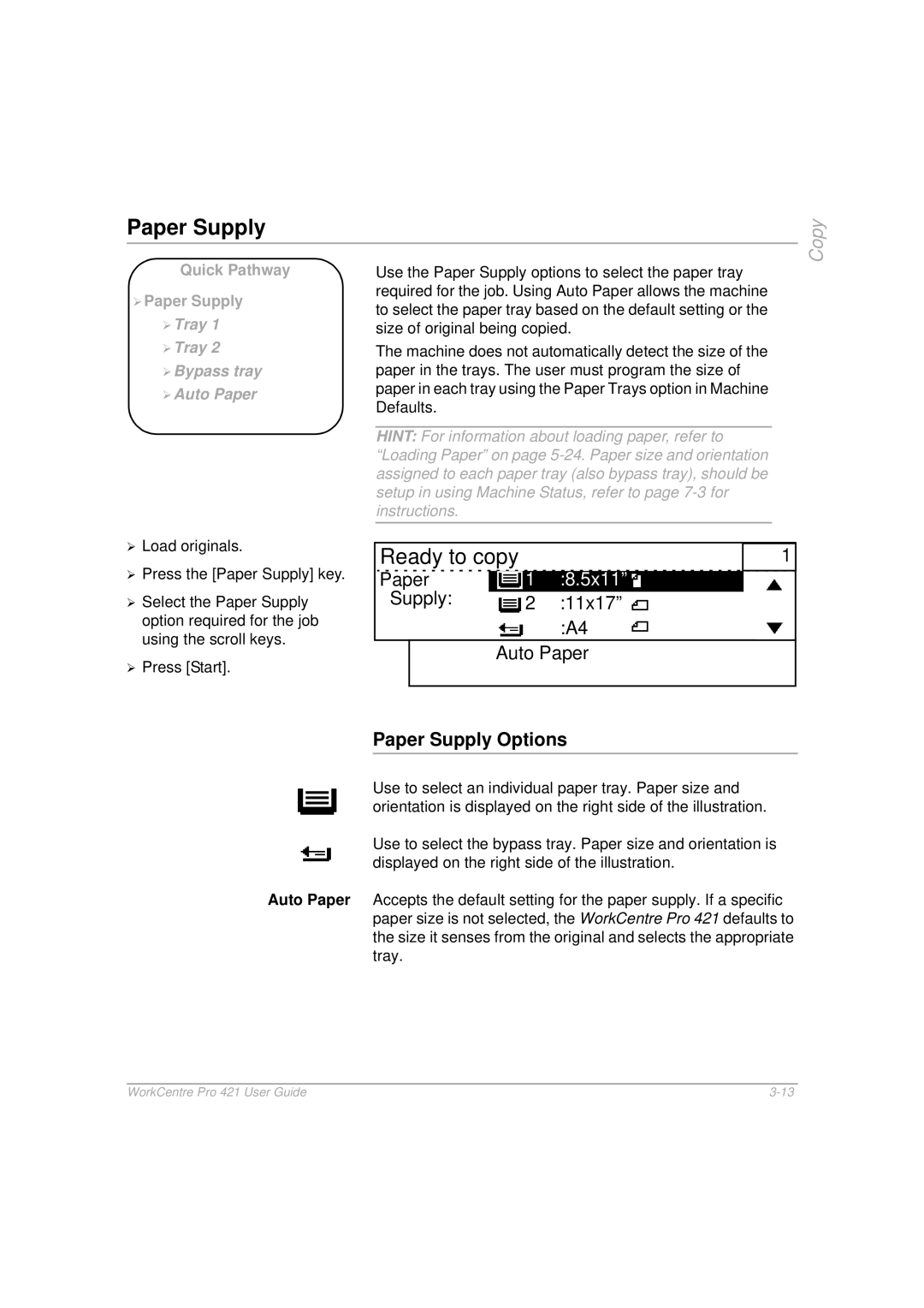 Xerox 421 manual 5x11, Supply 11x17 Auto Paper, Paper Supply Options 