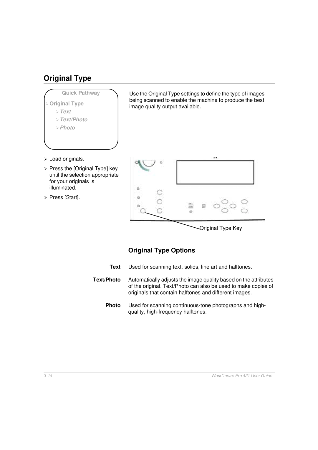 Xerox 421 manual Original Type Options 