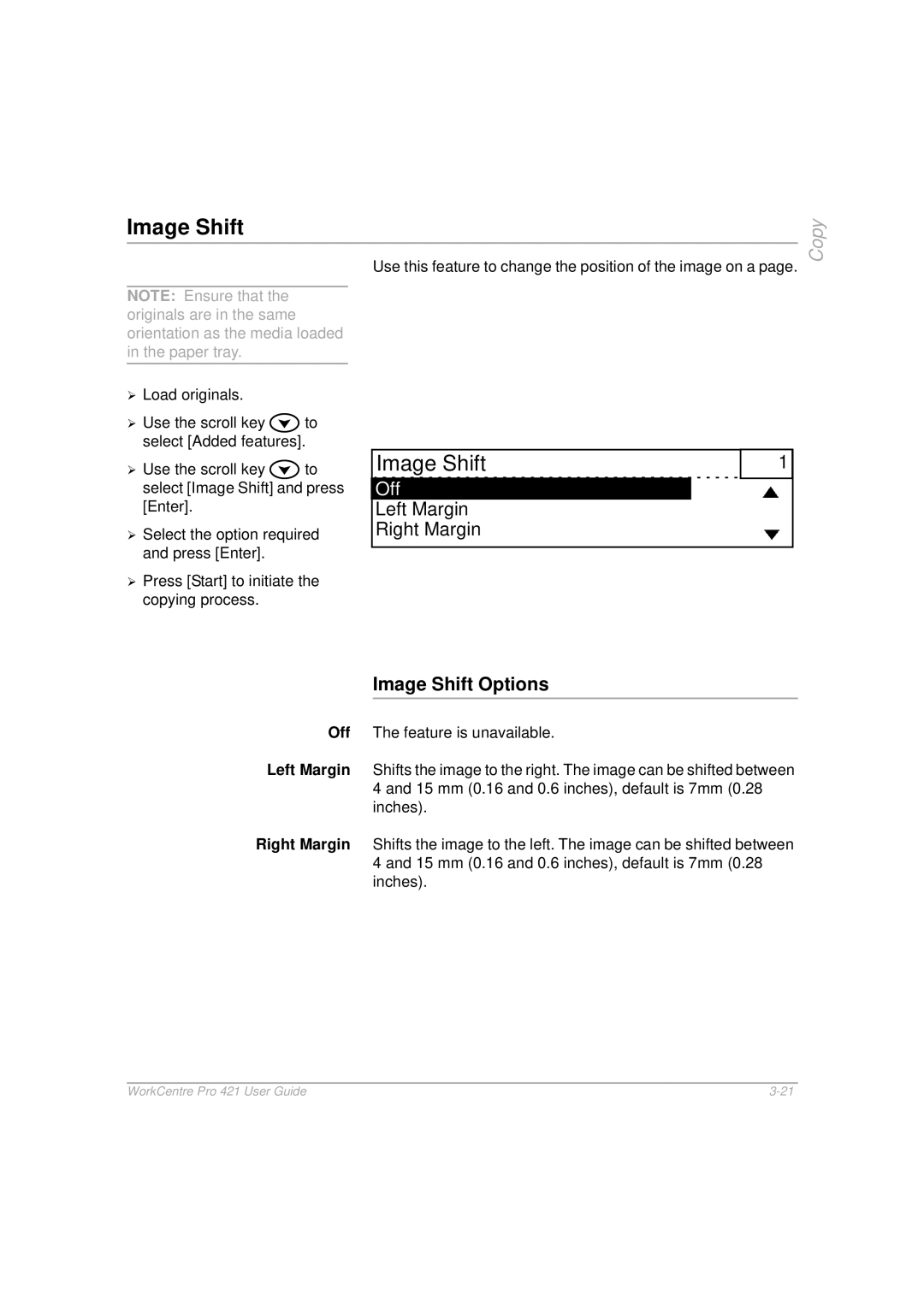 Xerox 421 manual Left Margin Right Margin, Image Shift Options 