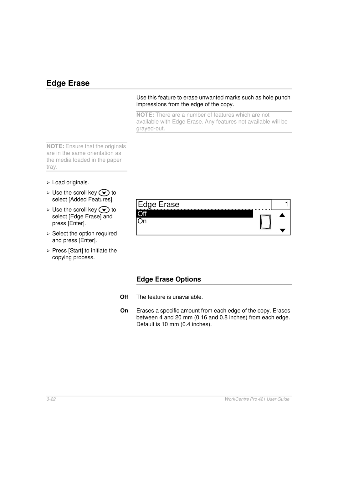 Xerox 421 manual Edge Erase Options 