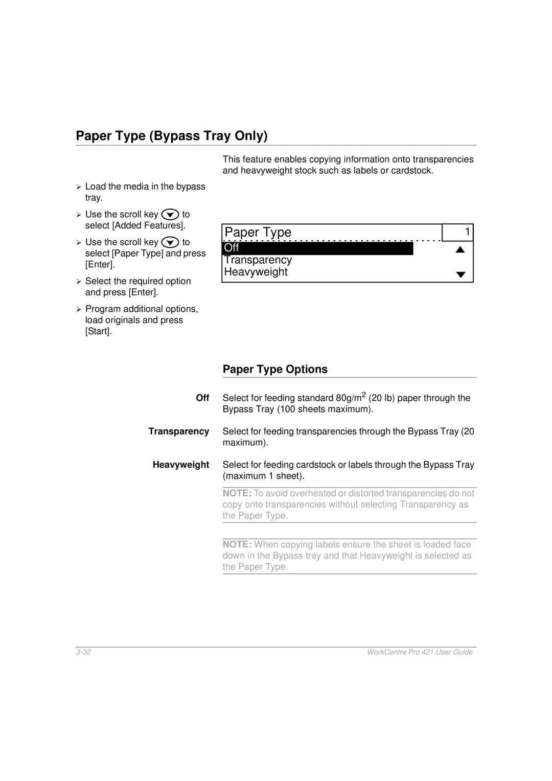 Xerox 421 manual Paper Type Bypass Tray Only, Transparency Heavyweight, Paper Type Options 