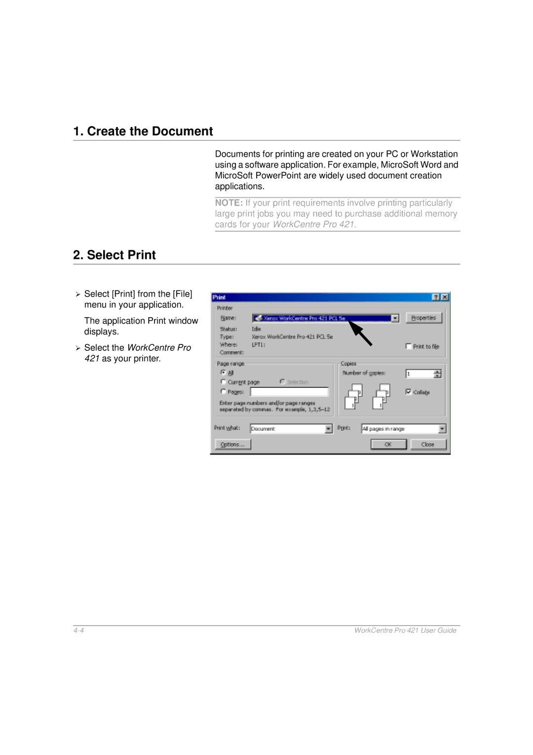 Xerox 421 manual Create the Document, Select Print 