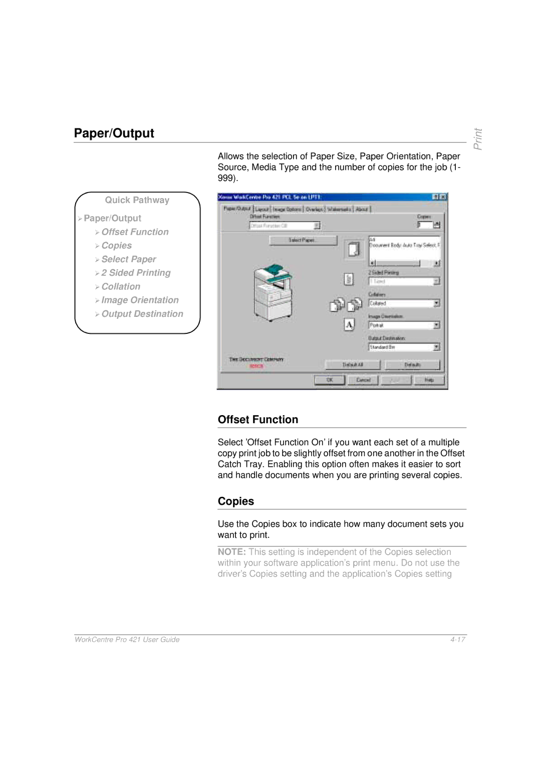 Xerox 421 manual Paper/Output, Offset Function, Copies 