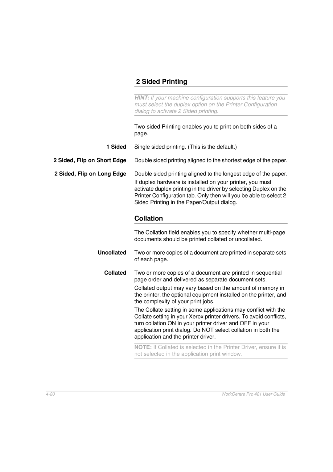 Xerox 421 manual Sided Printing, Collation 