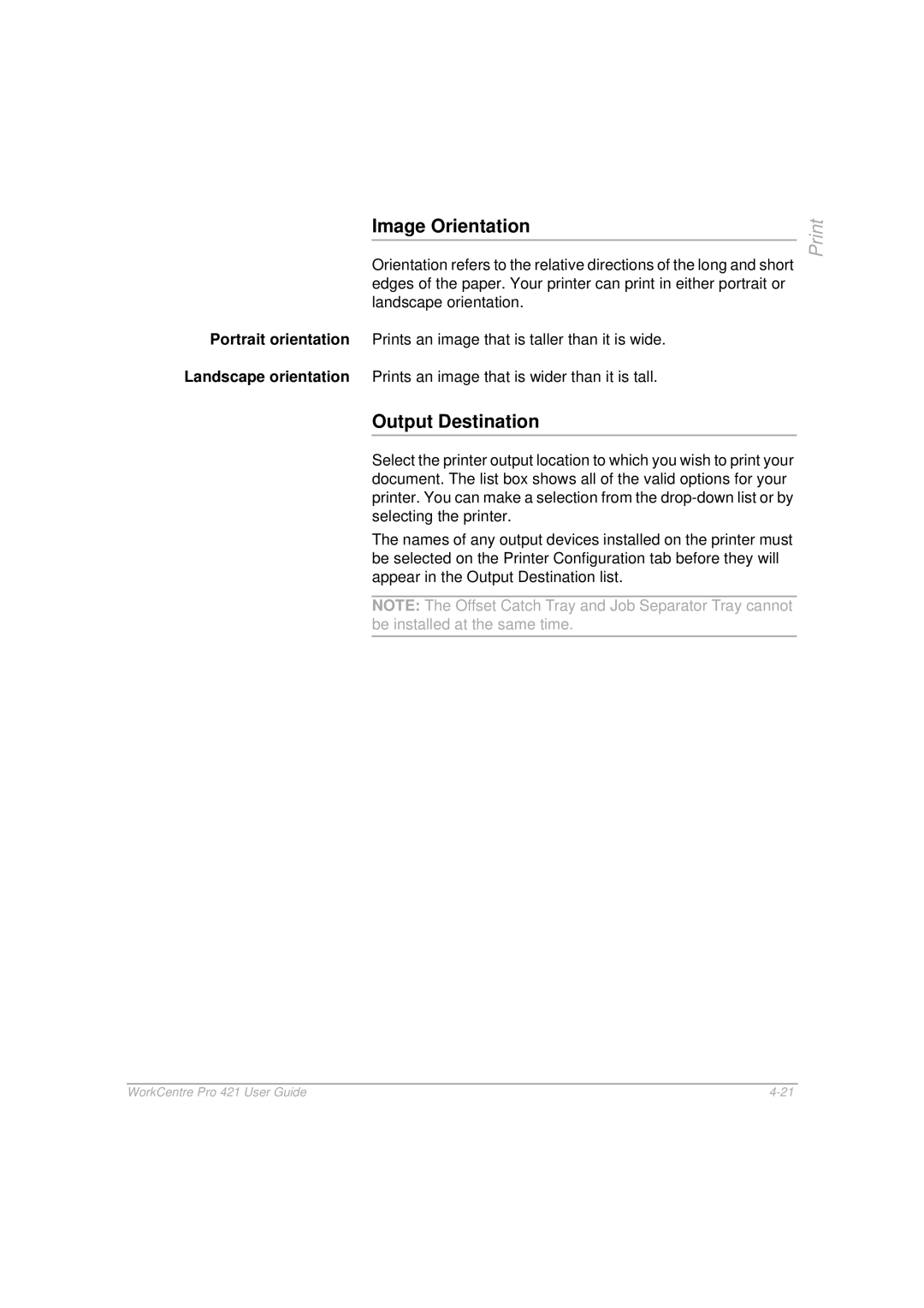 Xerox 421 manual Image Orientation, Output Destination 