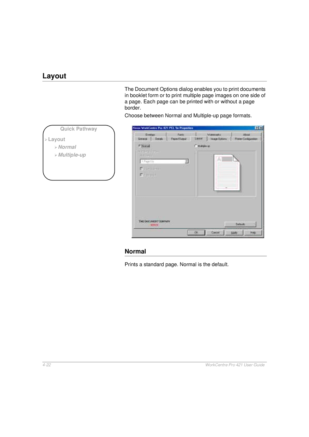 Xerox 421 manual Layout, Normal 