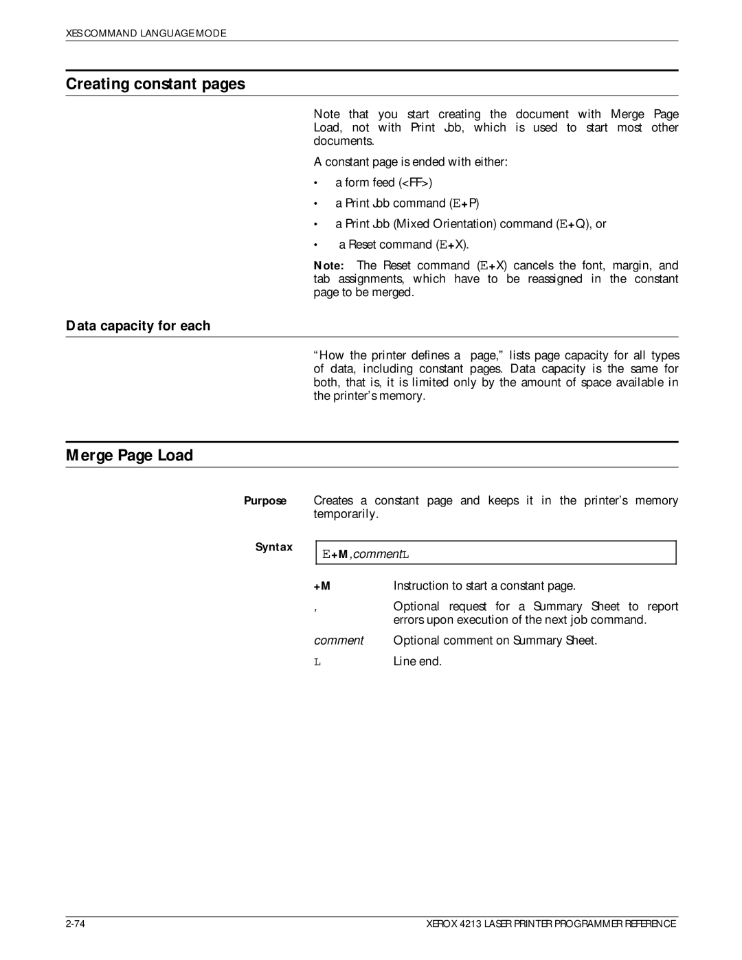 Xerox 4213 manual Creating constant pages, Merge Page Load, Data capacity for each 