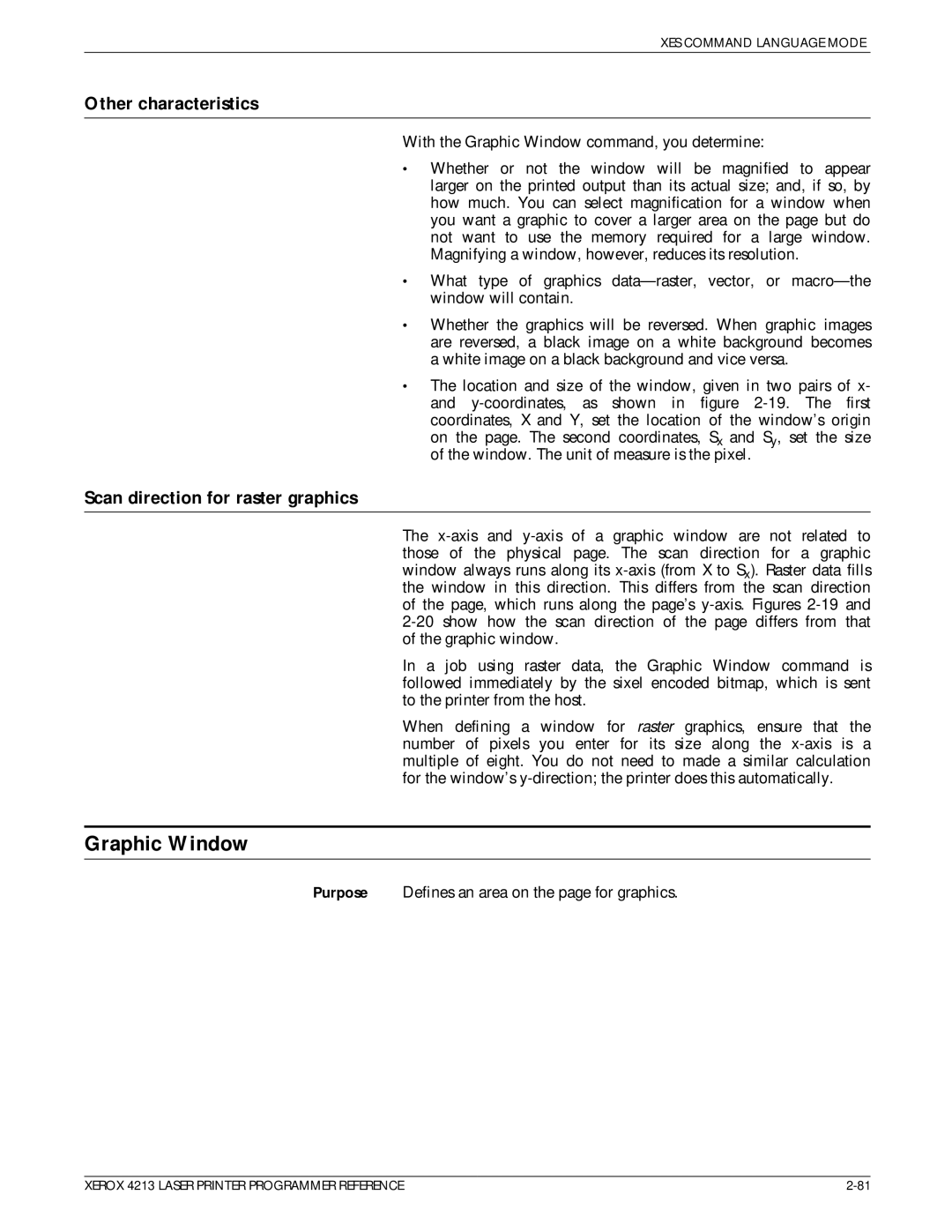 Xerox 4213 manual Graphic Window, Other characteristics, Scan direction for raster graphics 