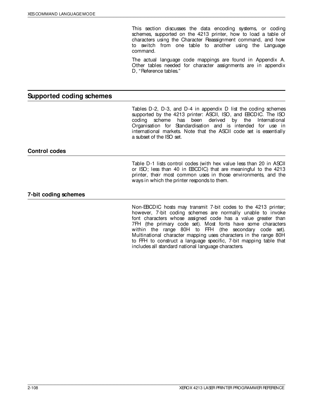 Xerox 4213 manual Supported coding schemes, Control codes, Bit coding schemes 