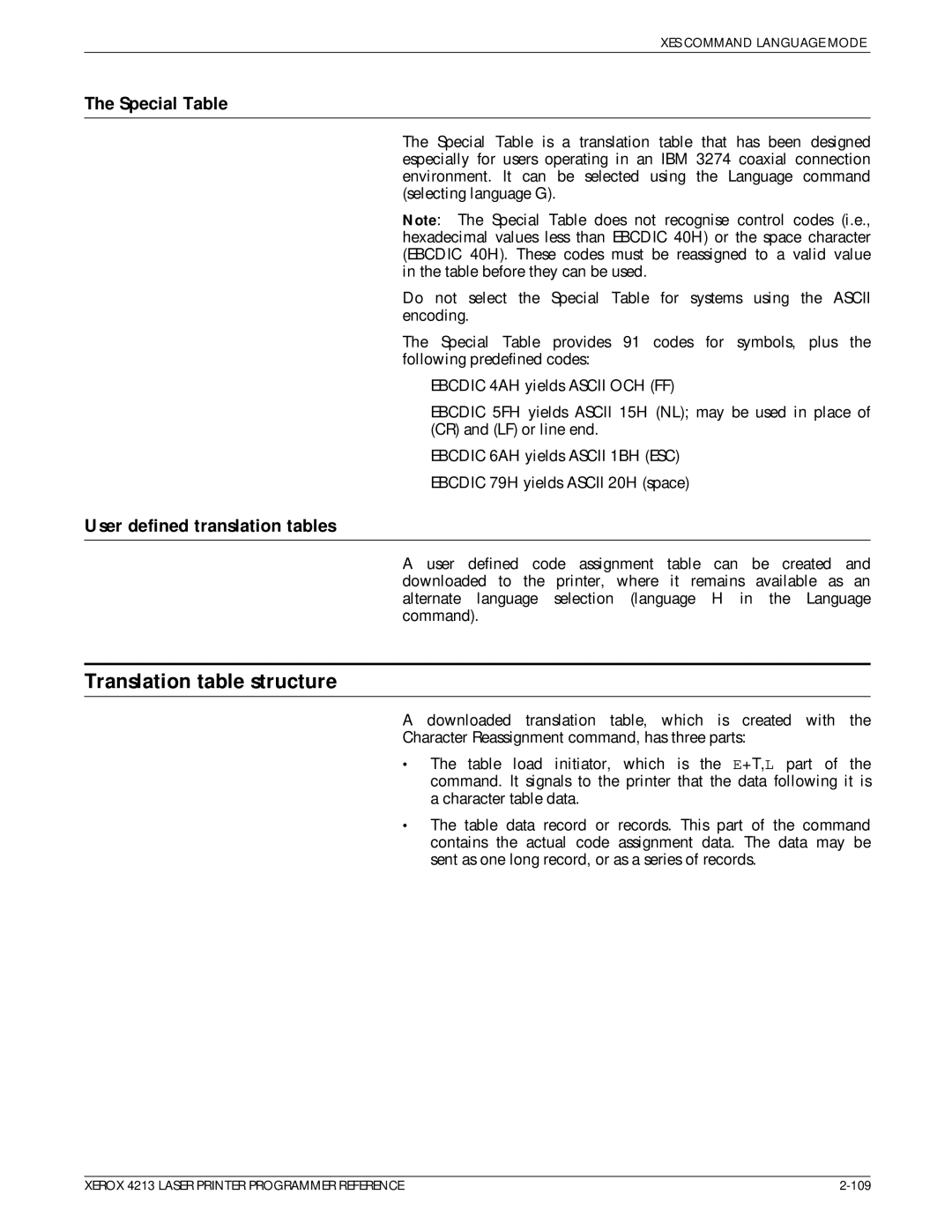 Xerox 4213 manual Translation table structure, Special Table, User defined translation tables 