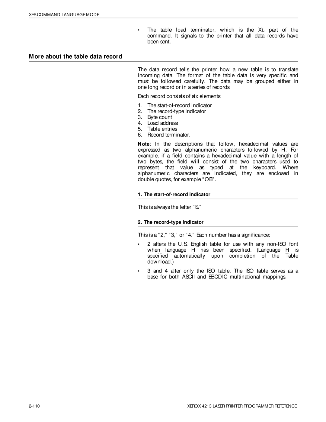 Xerox 4213 manual More about the table data record, Start-of-record indicator, Record-type indicator 