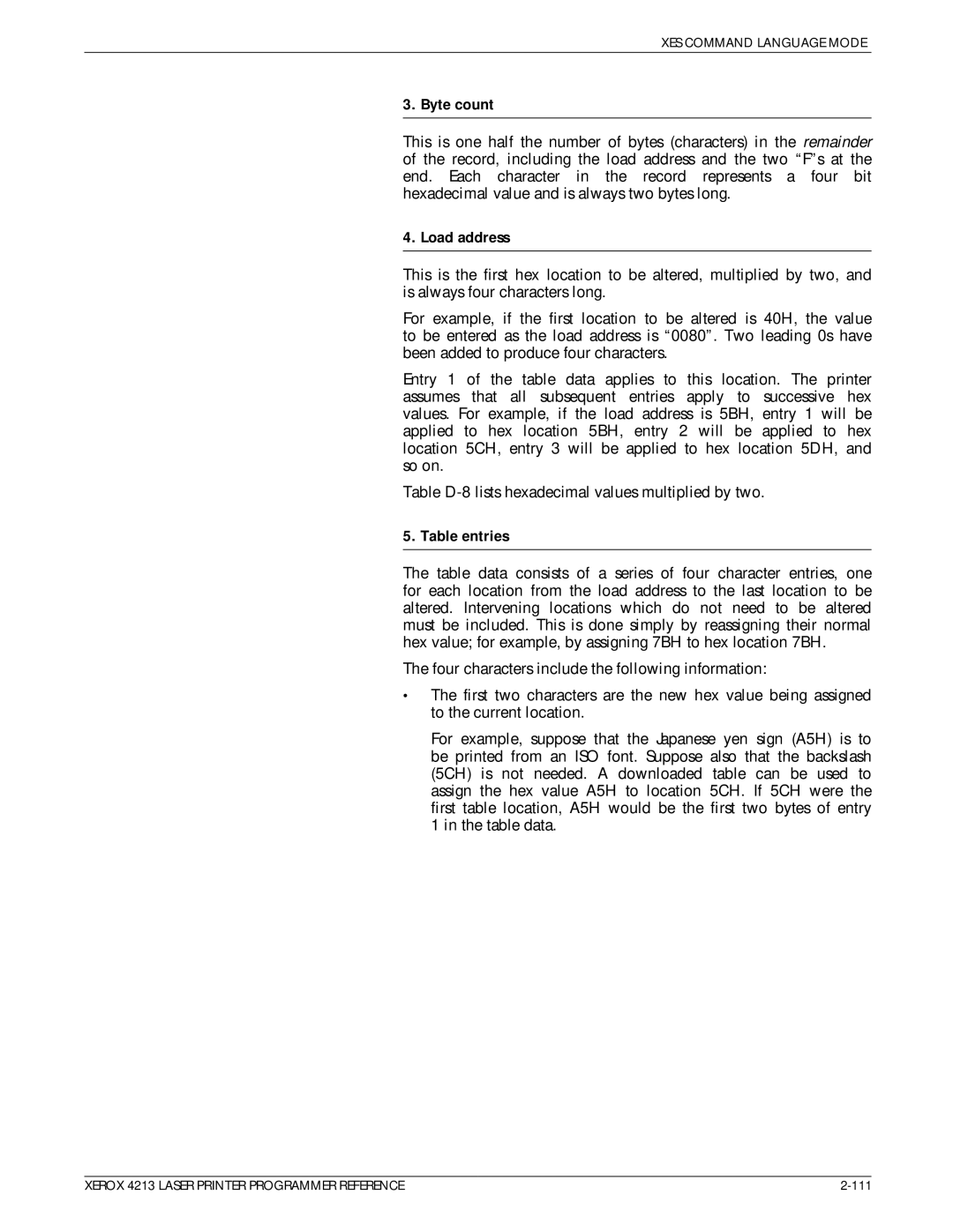 Xerox 4213 manual Byte count, Load address, Table entries 