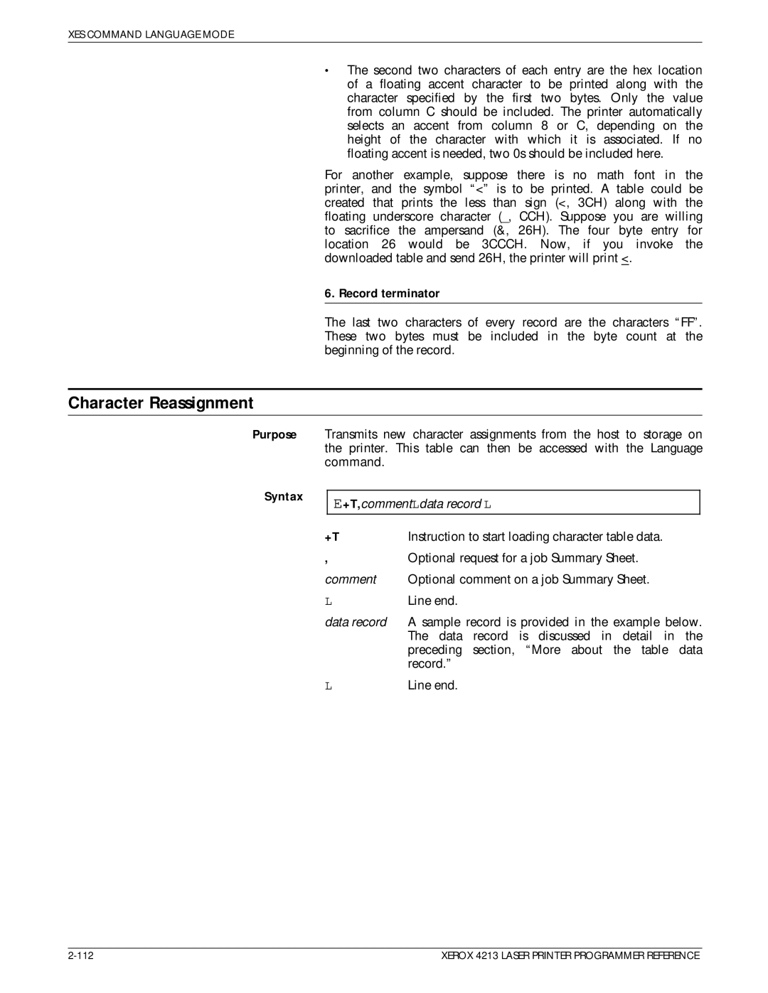 Xerox 4213 manual Character Reassignment, Record terminator 