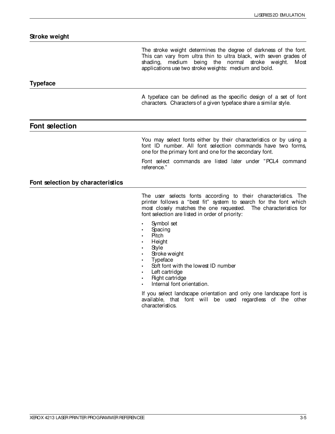 Xerox 4213 manual Stroke weight, Typeface, Font selection by characteristics 