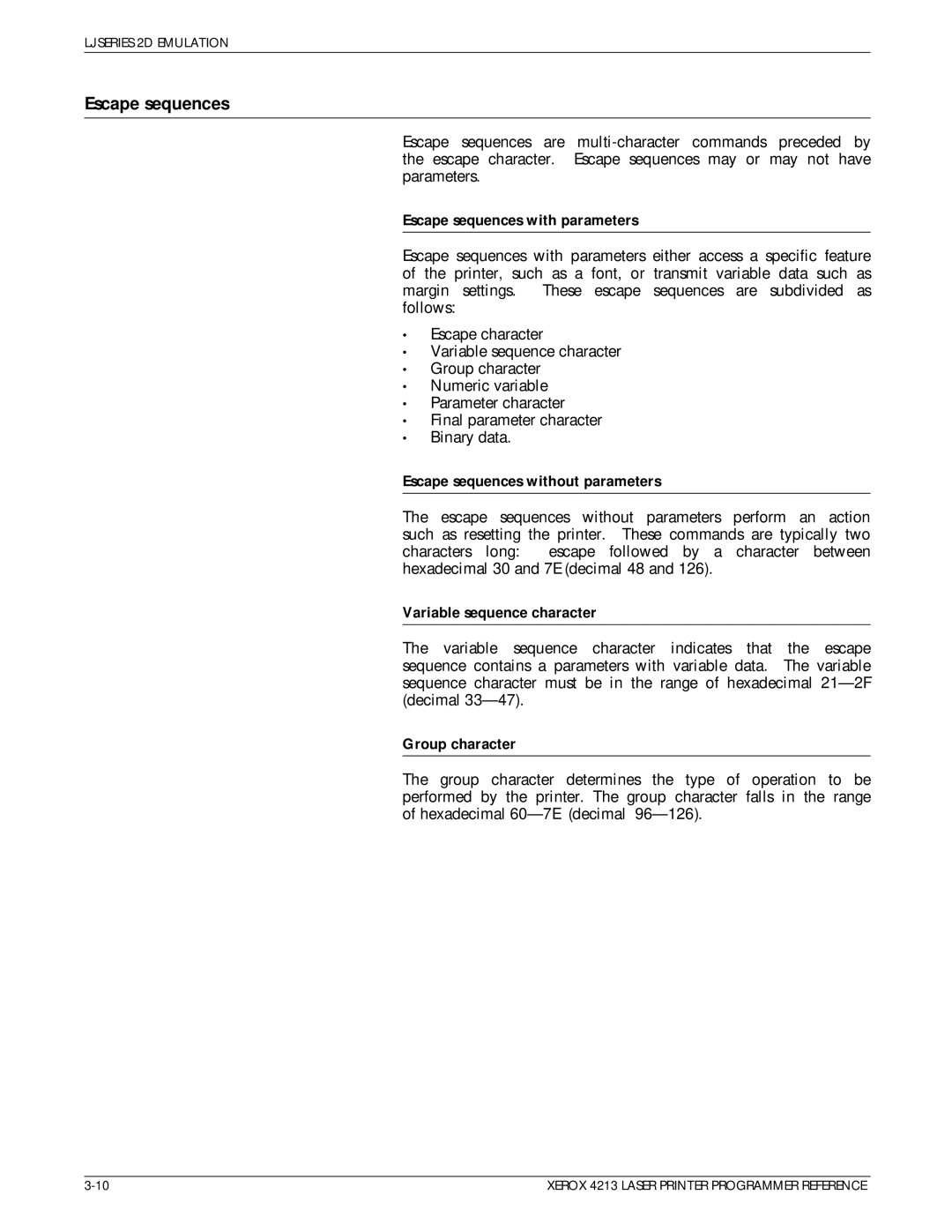 Xerox 4213 manual Escape sequences with parameters, Escape sequences without parameters, Variable sequence character 