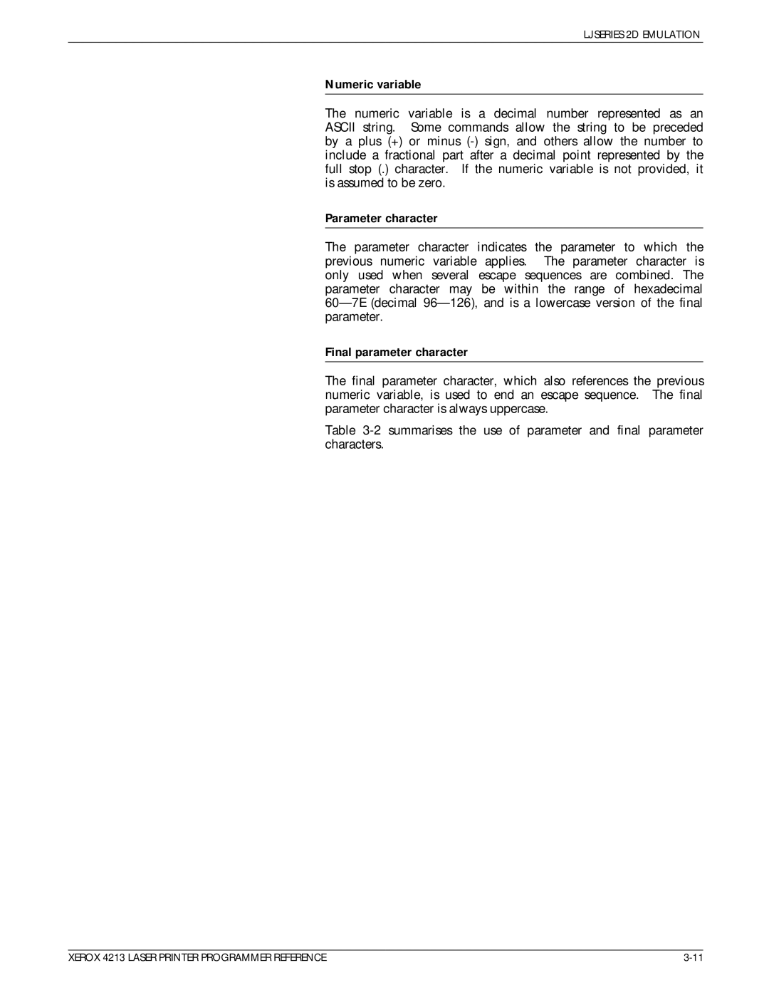 Xerox 4213 manual Numeric variable, Parameter character, Final parameter character 