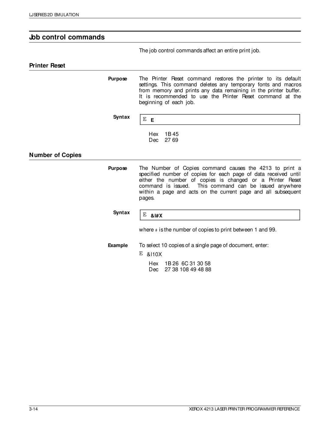 Xerox 4213 manual Job control commands, Printer Reset, Number of Copies, Purpose Syntax Example 