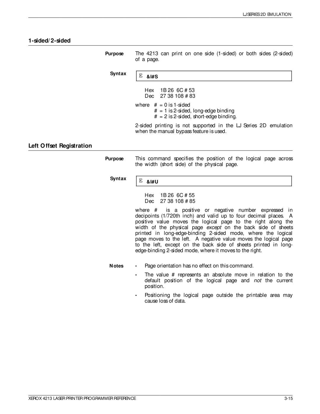 Xerox 4213 manual Sided/2-sided, Left Offset Registration 