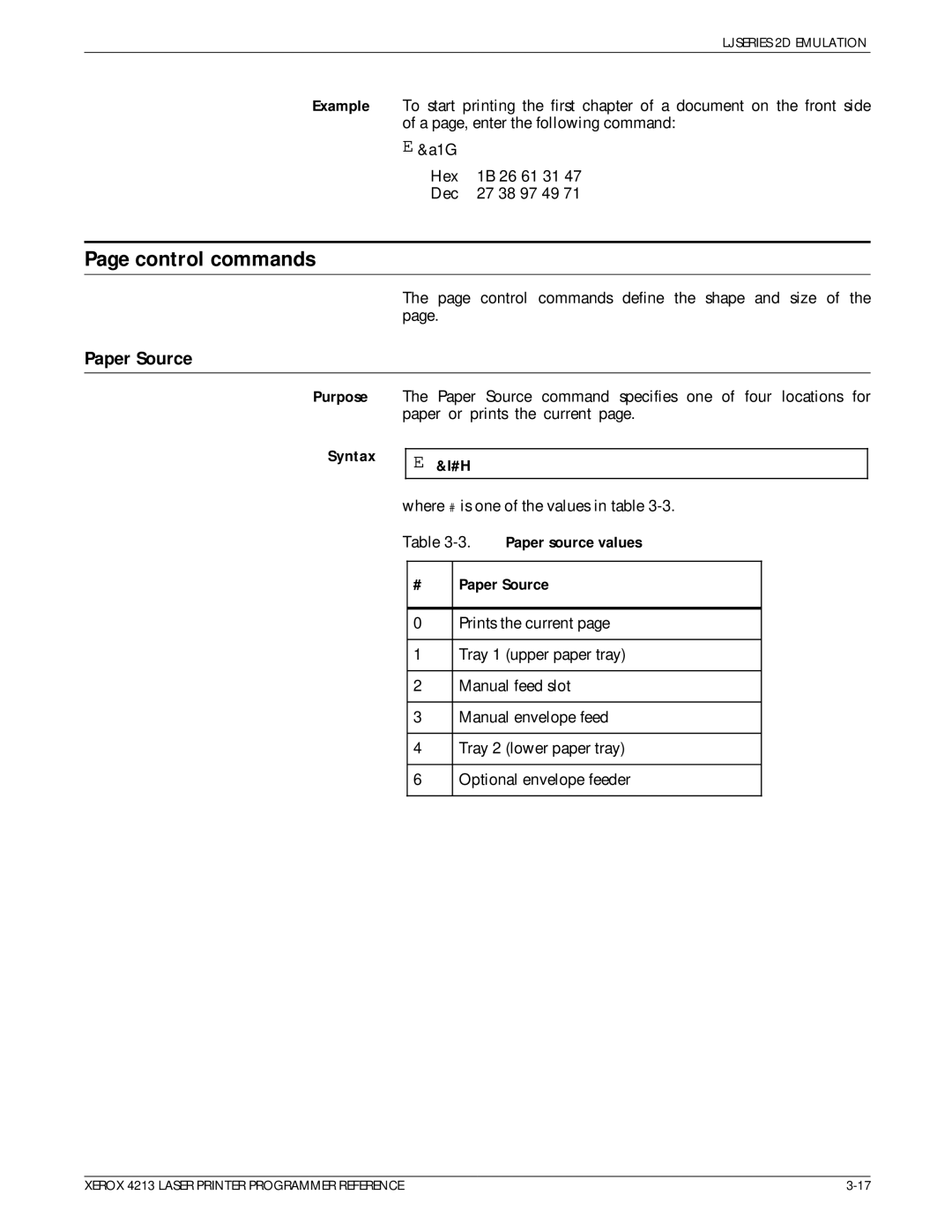 Xerox 4213 manual Control commands, Paper Source, Paper source values 